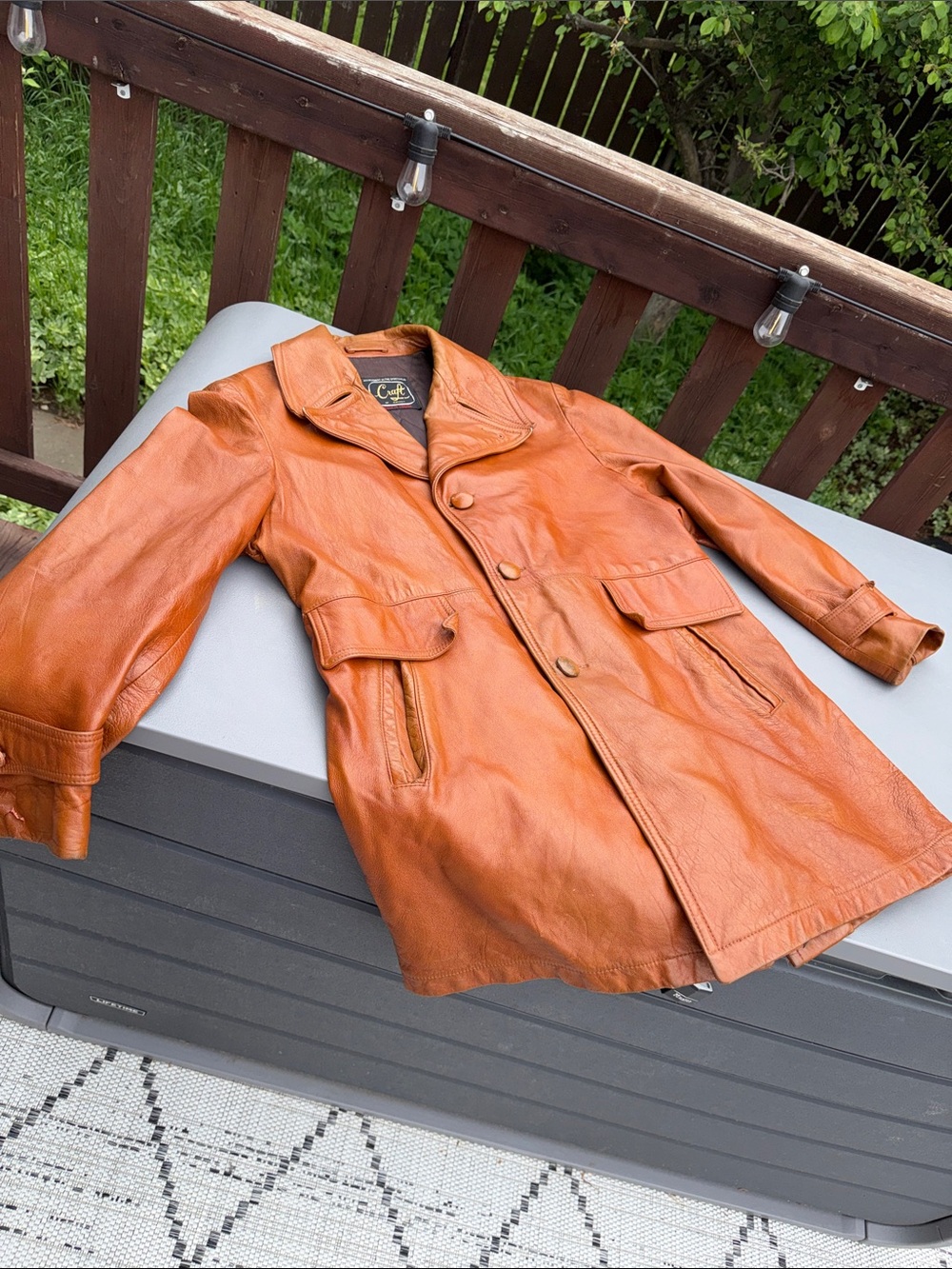 Vintage 1970s Craft Peter Pan caramel cognac Leather Jacket Quilted plaid Lining